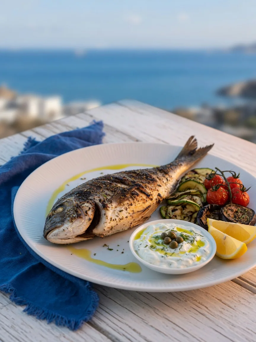 Whole grilled fish with seasonal vegetables and caper tzatziki