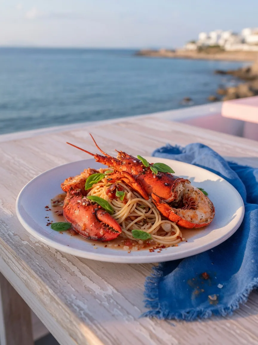 Lobster over spaghetti in a white wine tomato sauce