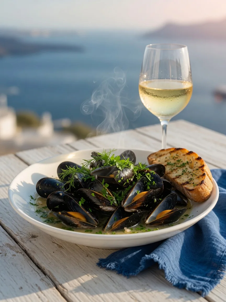 Steamed mussels in a garlic white wine broth