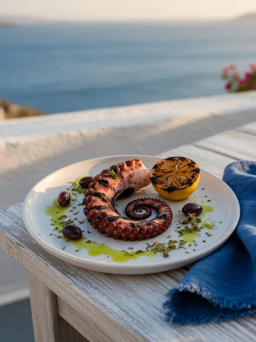 Grilled octopus with olive oil, lemon and oregano