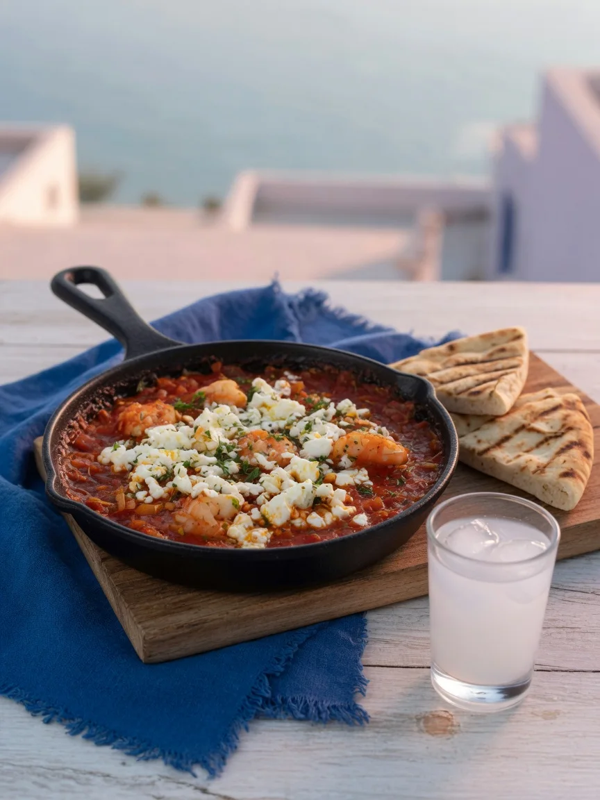 Shrimp simmered in tomato and feta sauce with warm pita